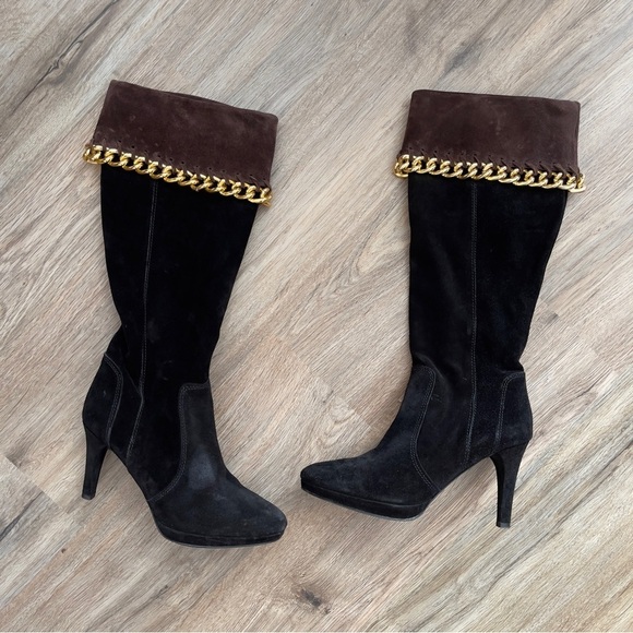 CARISMA Black Fold Over Brown Gold Chain Detail Suede Leather Heeled Boots A1423 - Picture 1 of 9